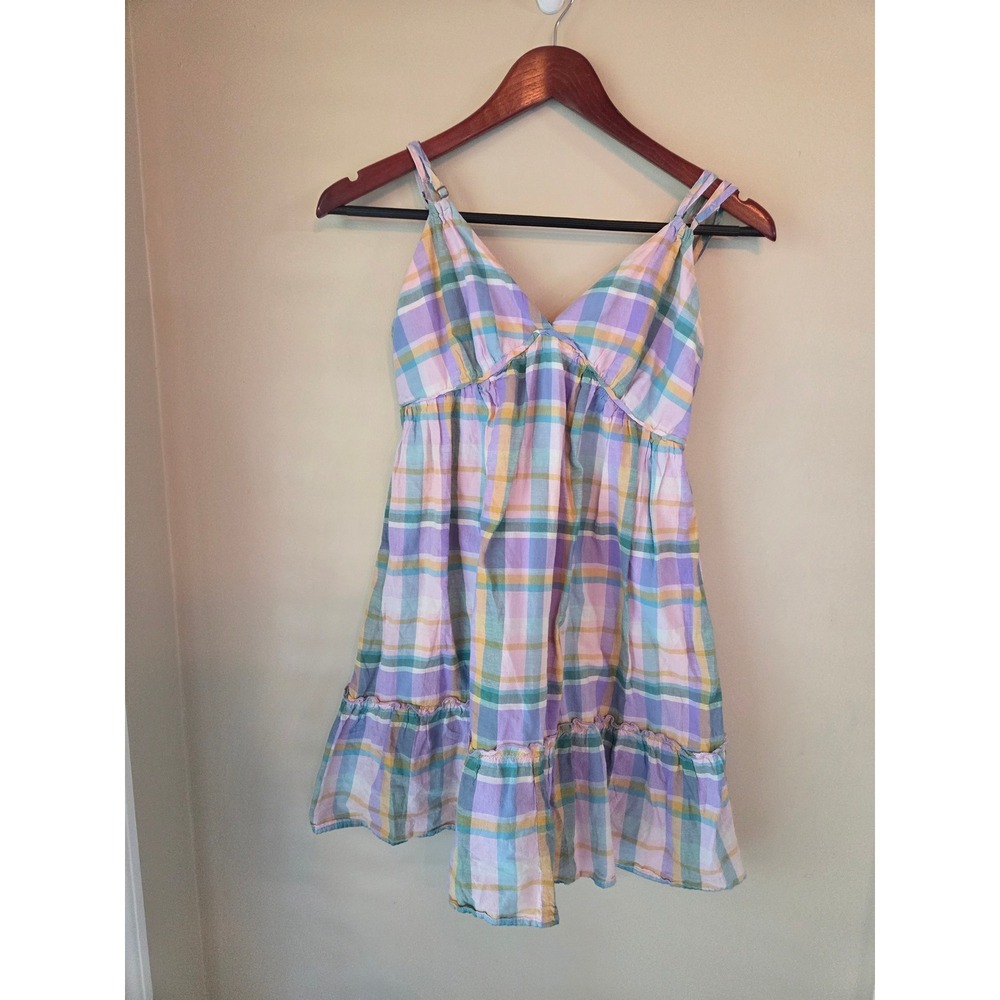 Wild Fable Womens Plaid Tiered Mini Dress Small Purple Pastel Cottagecore